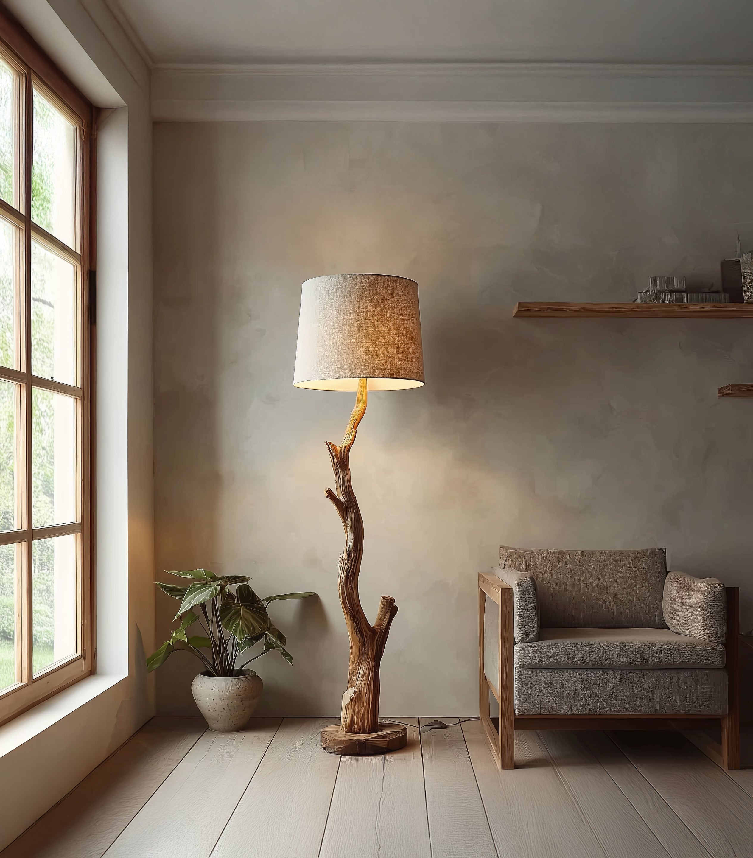 Tree Branch Wooden Floor Lamp – Rustic Driftwood Lighting for Living Room & Bedroom
