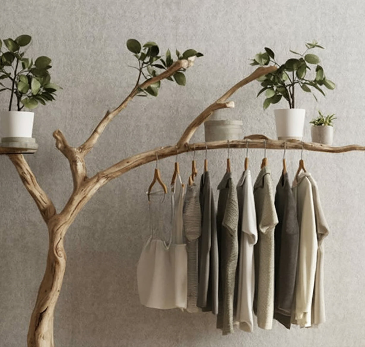 Live Edge Wooden Clothing Rack – Tree Branch Garment Stand with Storage Bench