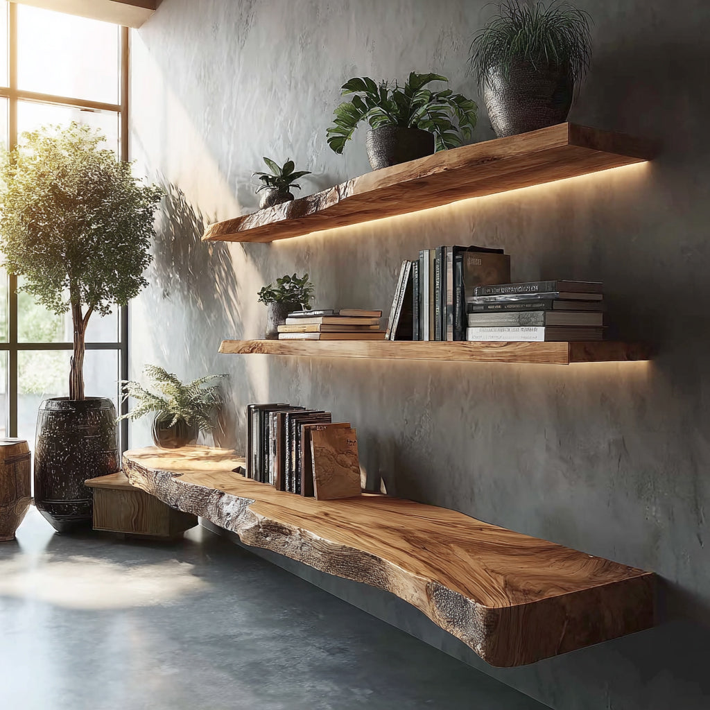 Live Edge Solid Wood Floating Shelves with Warm LED Lighting