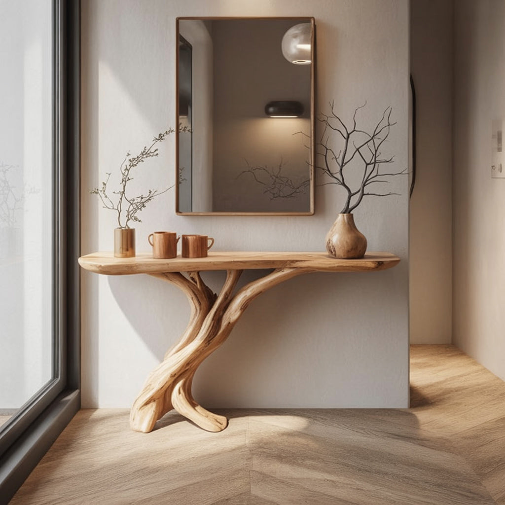 Rustic Driftwood-Style Entryway Console Table – Solid Wood Sculptural Base