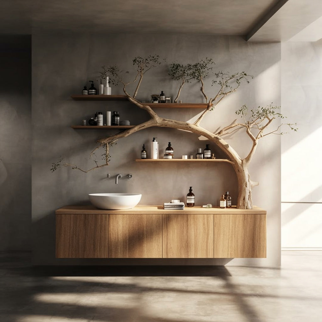 Tree Branch Bathroom Vanity & Floating Shelves – Solid Wood Sink Console