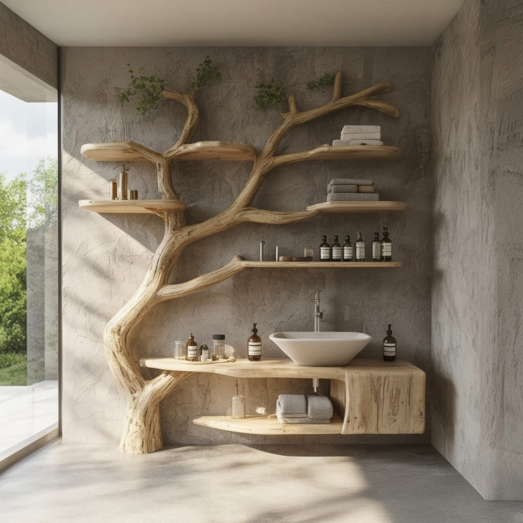 Rustic Solid Wood Vanity – Handmade Bathroom Sink with Floating Tree Branch Shelves, Artistic Home Decor Gift