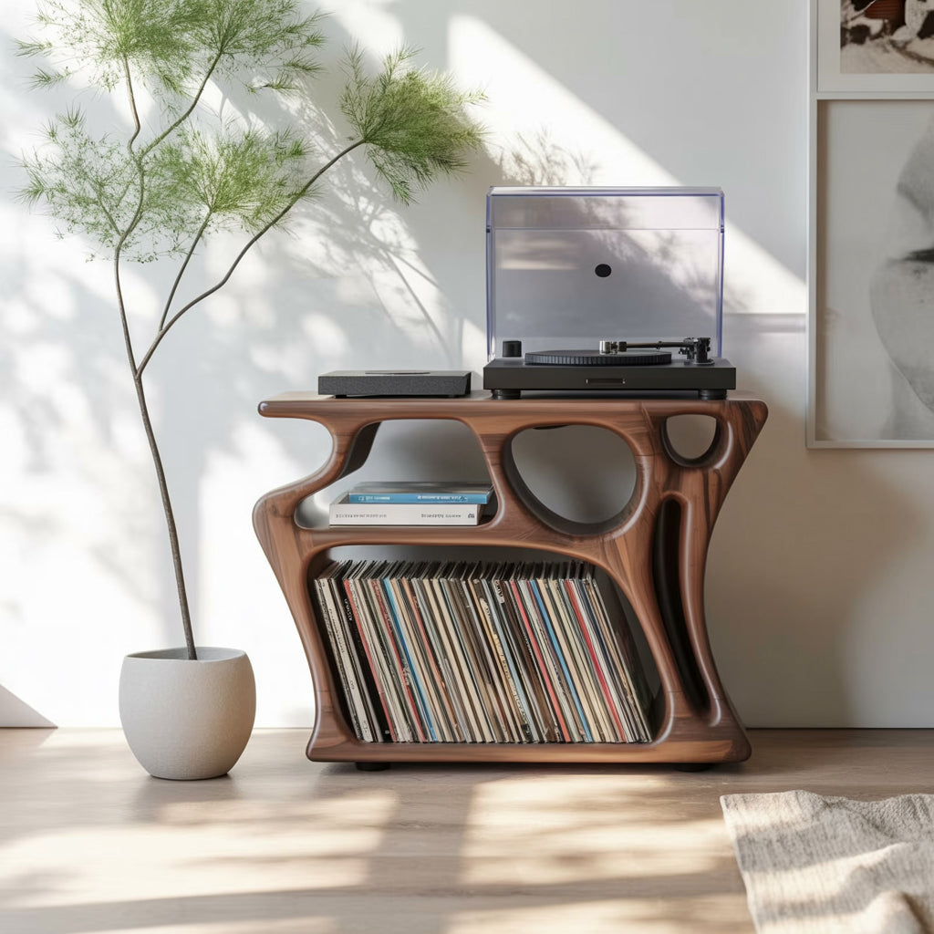 Sculptural Solid Wood Vinyl Record Cabinet – Organic Turntable Stand with LP Storage
