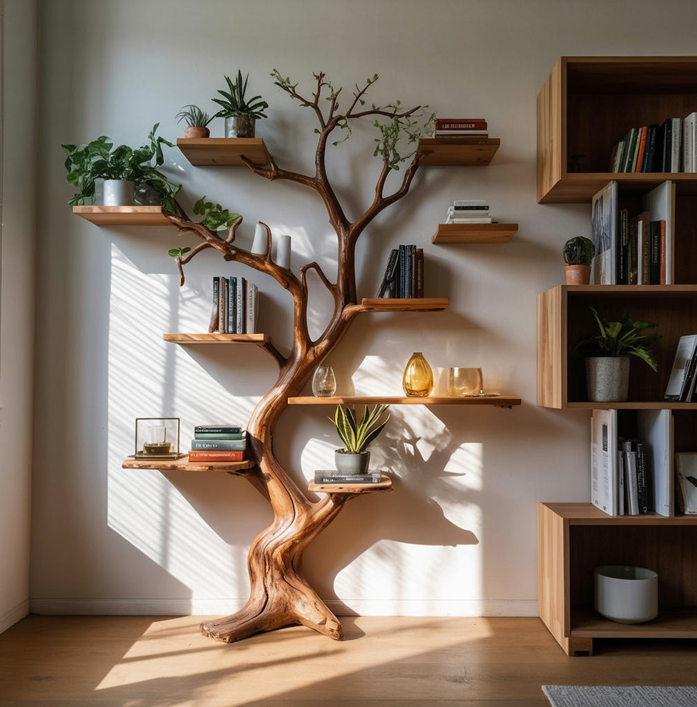 Bibliothèque Murale Tronc d’Arbre – Grande Sculpture en Bois Rustique