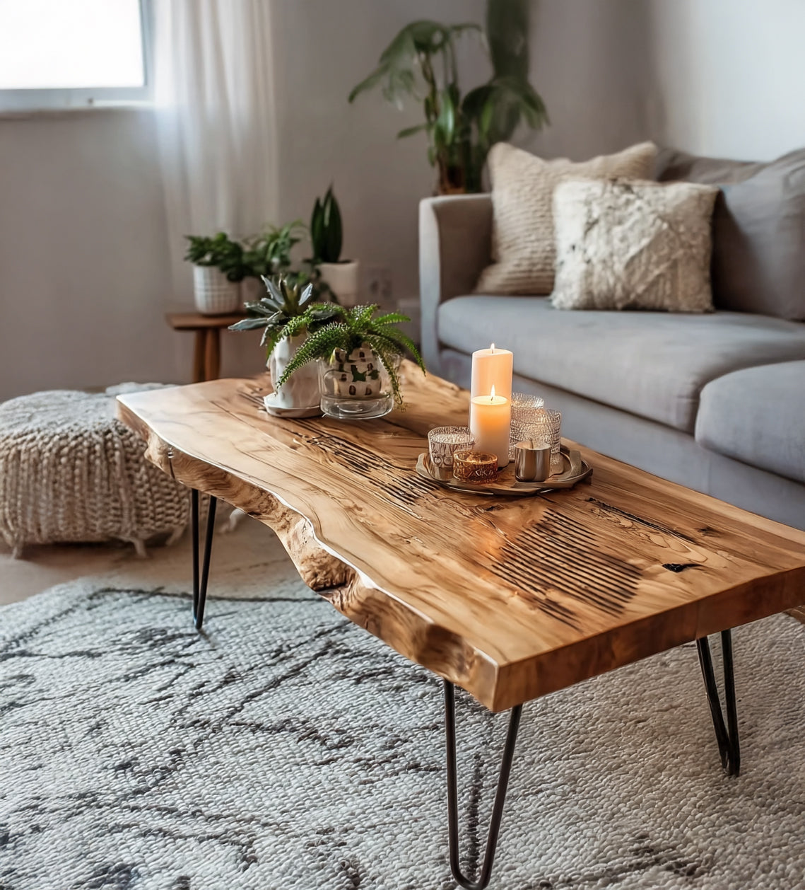 Live Edge Coffee Table – Handmade Solid Wood Hairpin Legs for Rustic Modern Living Room