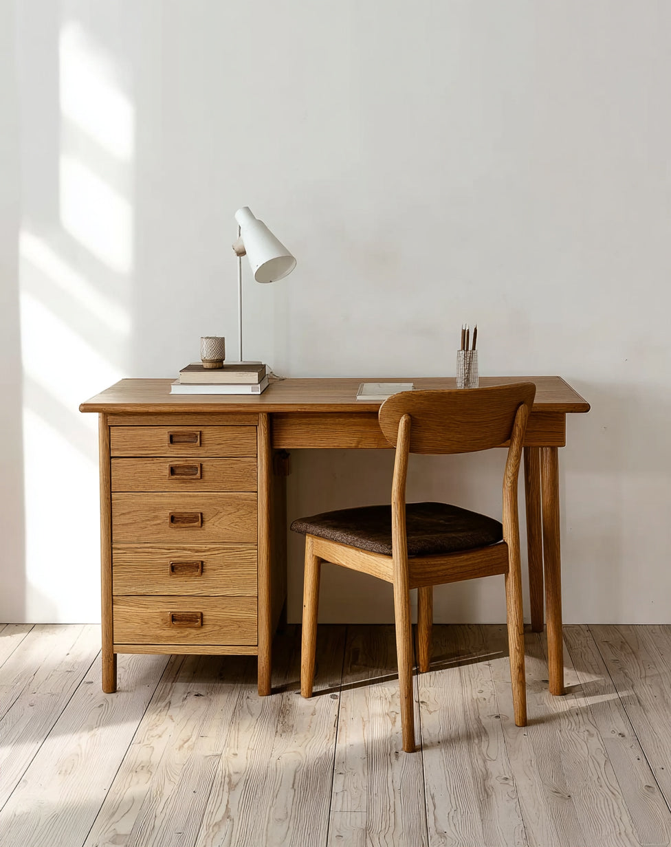 Computer Desk Ulm – Unique Mid Century Narrow Writing Desk, Solid Oak Minimalist Scandinavian Furniture