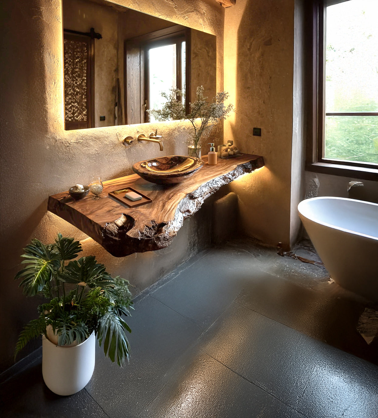 Rustic Live Edge Floating Vanity – Handmade Wooden Bathroom Shelf with Brackets