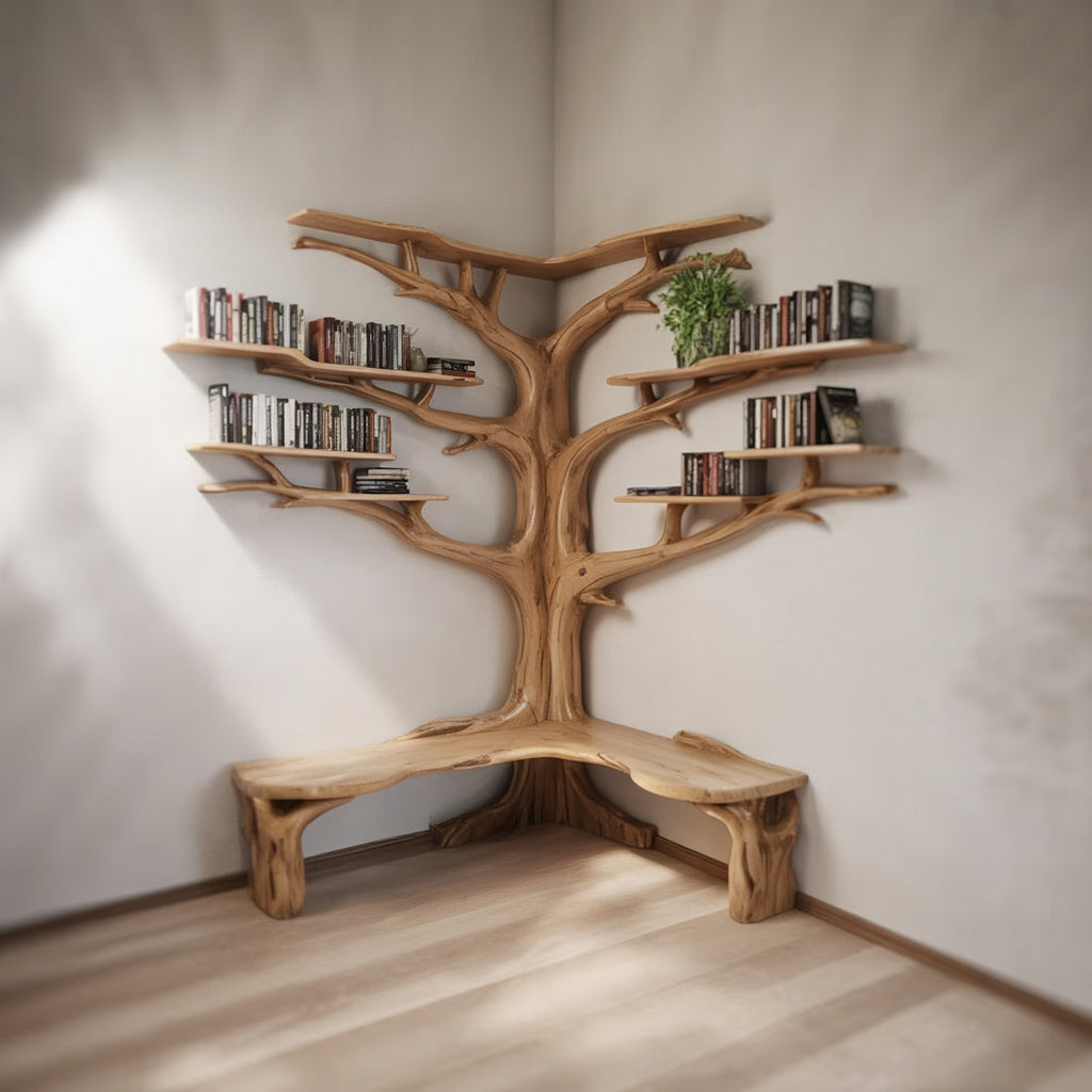 Wooden Tree Shelf Bench – Artistic Branch Bookshelf with Seating