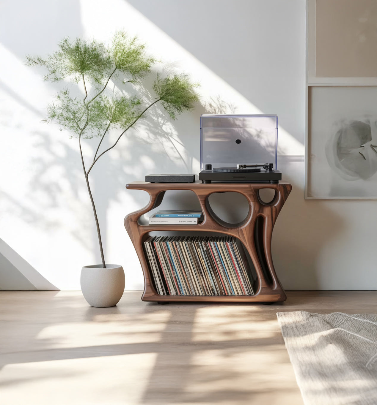 Sculptural Solid Wood Vinyl Record Cabinet – Organic Turntable Stand with LP Storage