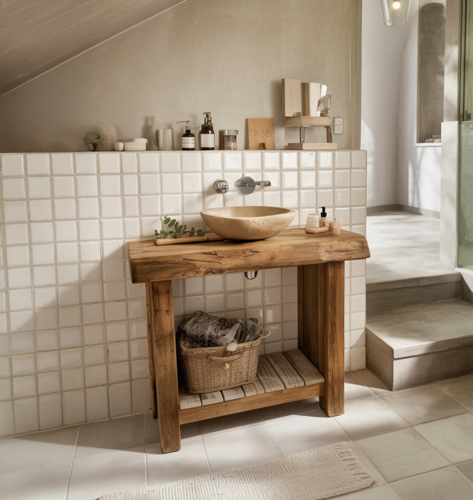 Handmade Solid Wood Bathroom Vanity – Rustic Live Edge Sink Console with Shelf