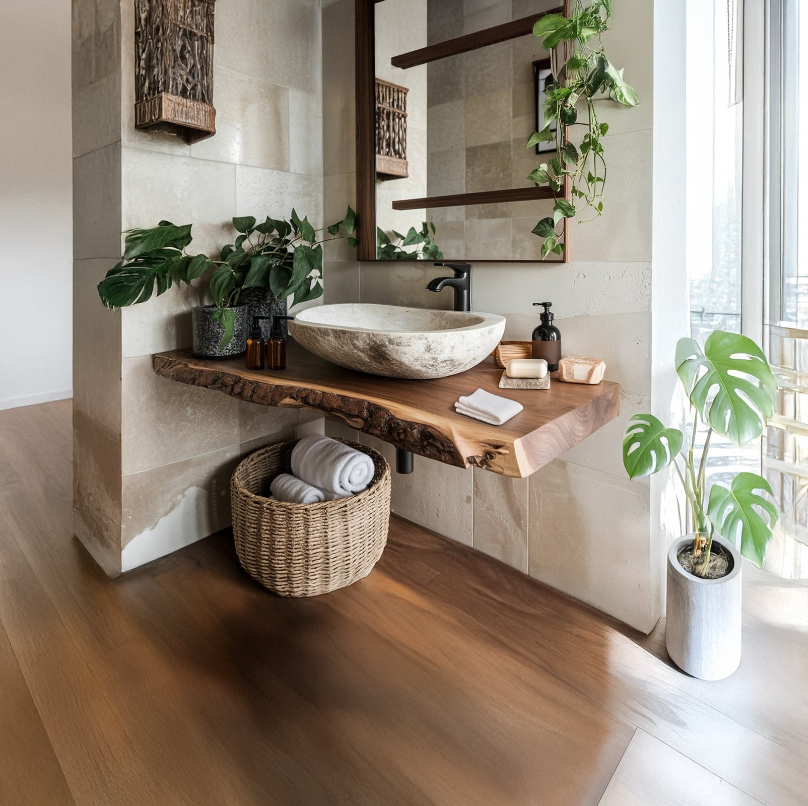 Handcrafted Rustic Floating Bathroom Vanity – Unique Live Edge Shelf