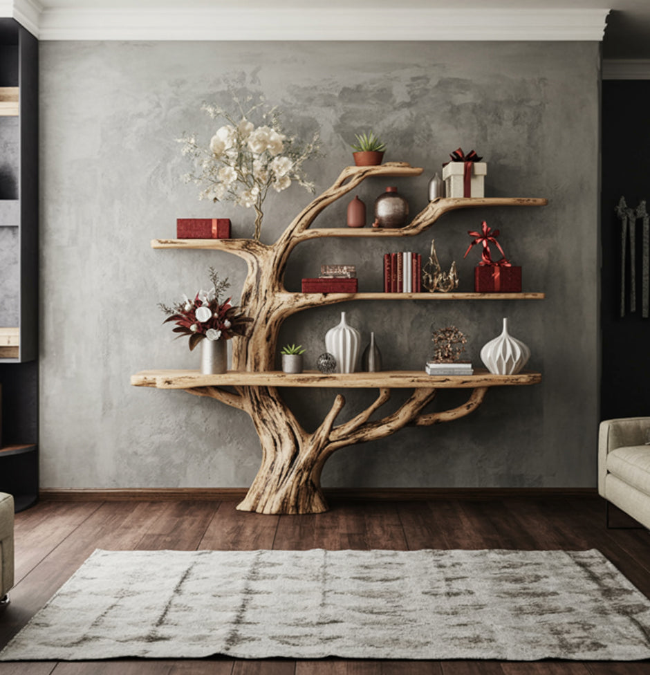 Handmade Rustic Wooden Tree Bookshelf – Solid Wood Wall Art