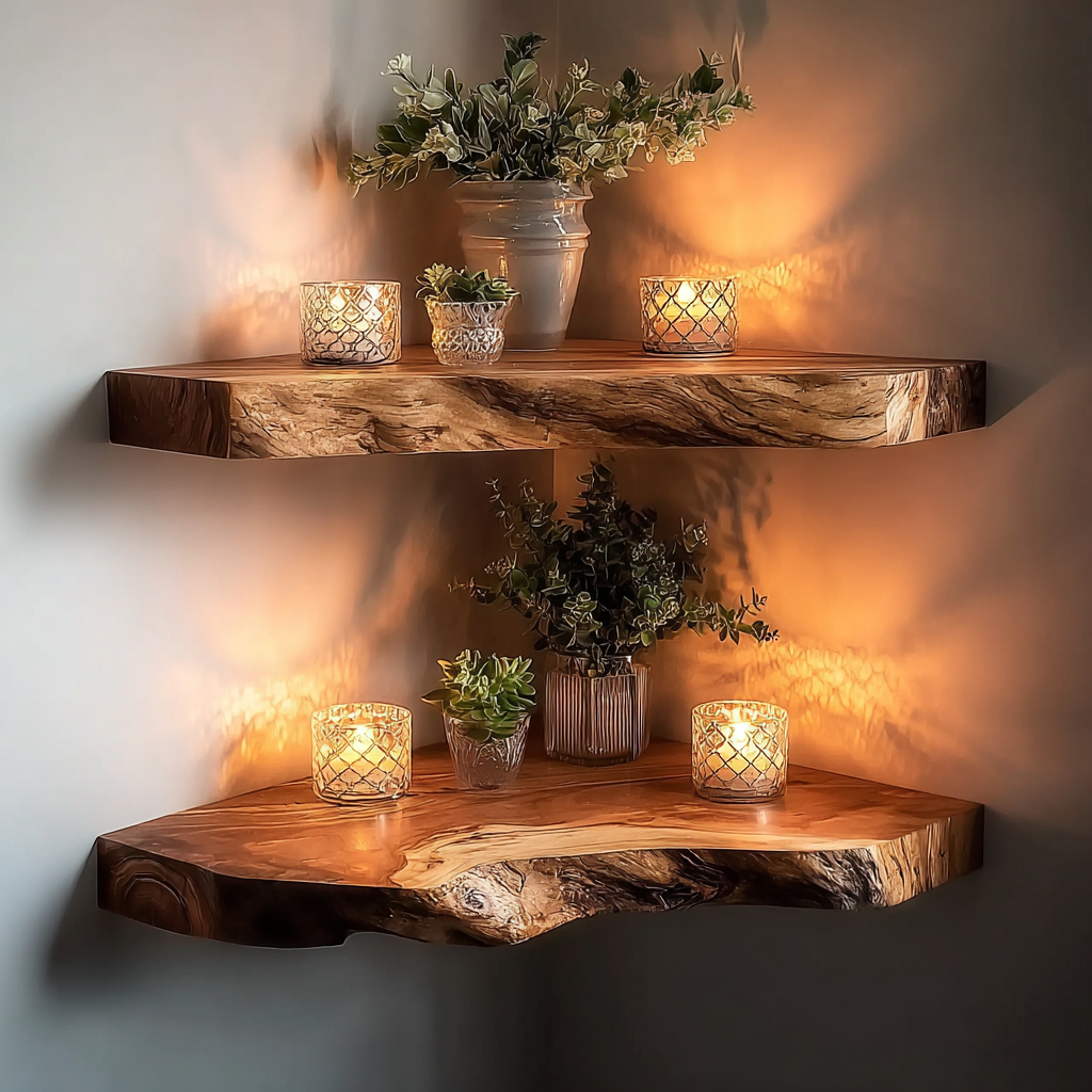 Rustic Corner Wall Shelves – Natural Live Edge Wood Floating Shelf for Candles and Plants