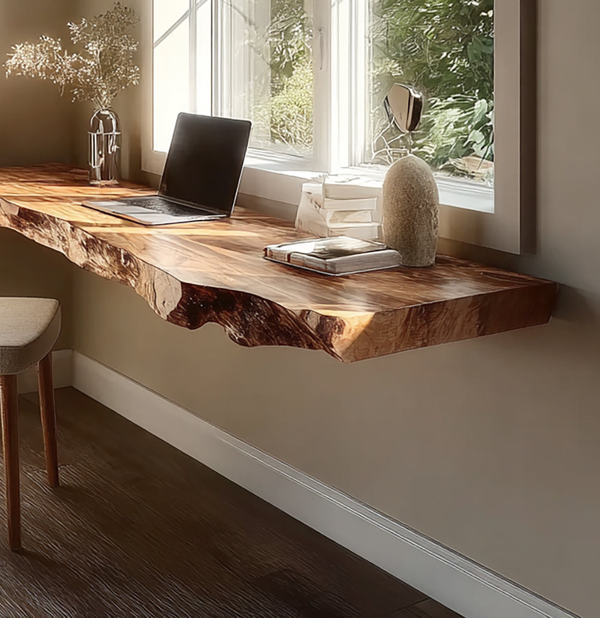 Floating Live Edge Desk – Wall Mounted Solid Wood Desk, Rustic Modern Home Office Table