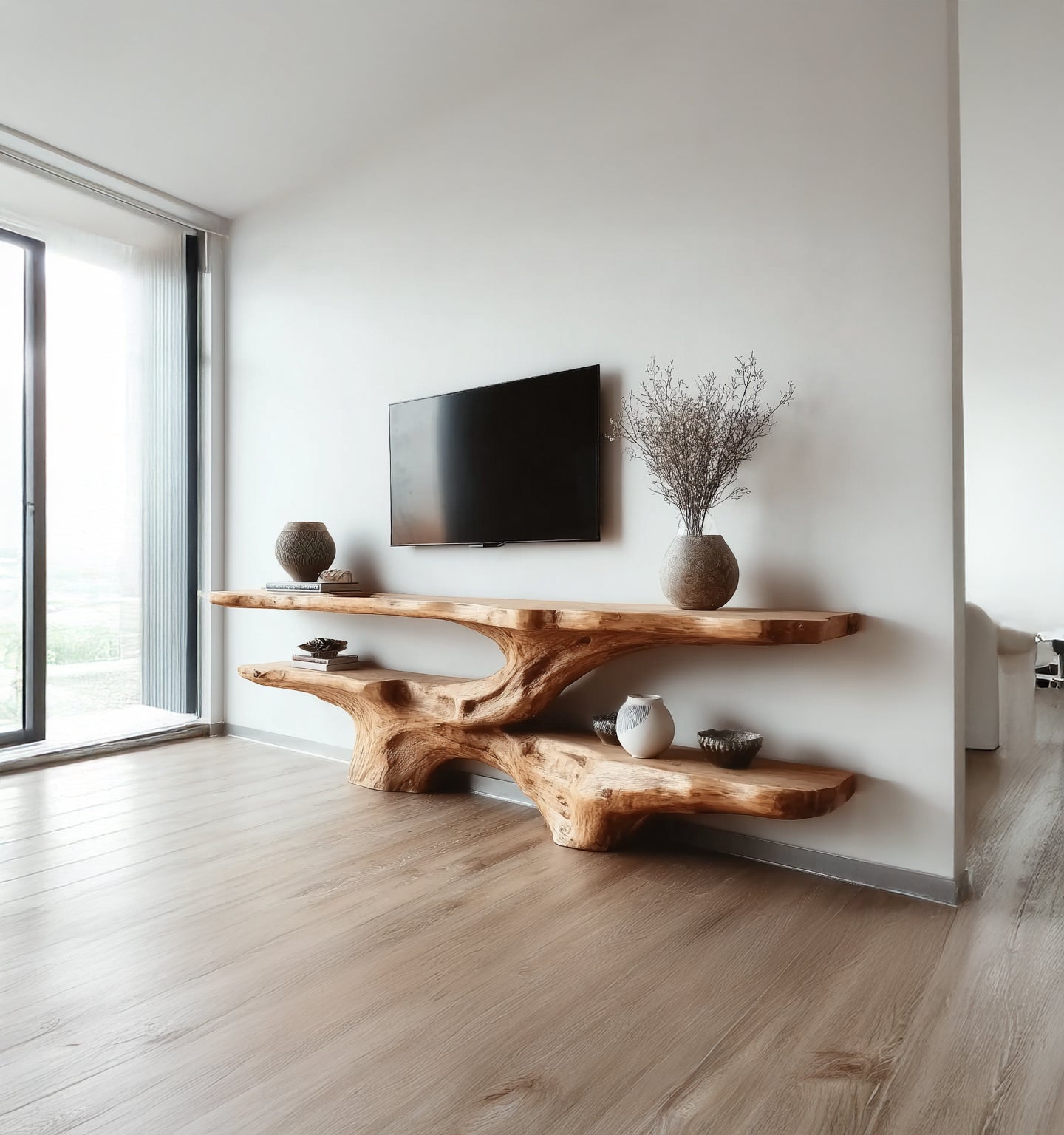 Modern Live Edge Wooden TV Console – Handmade Solid Wood Media Stand