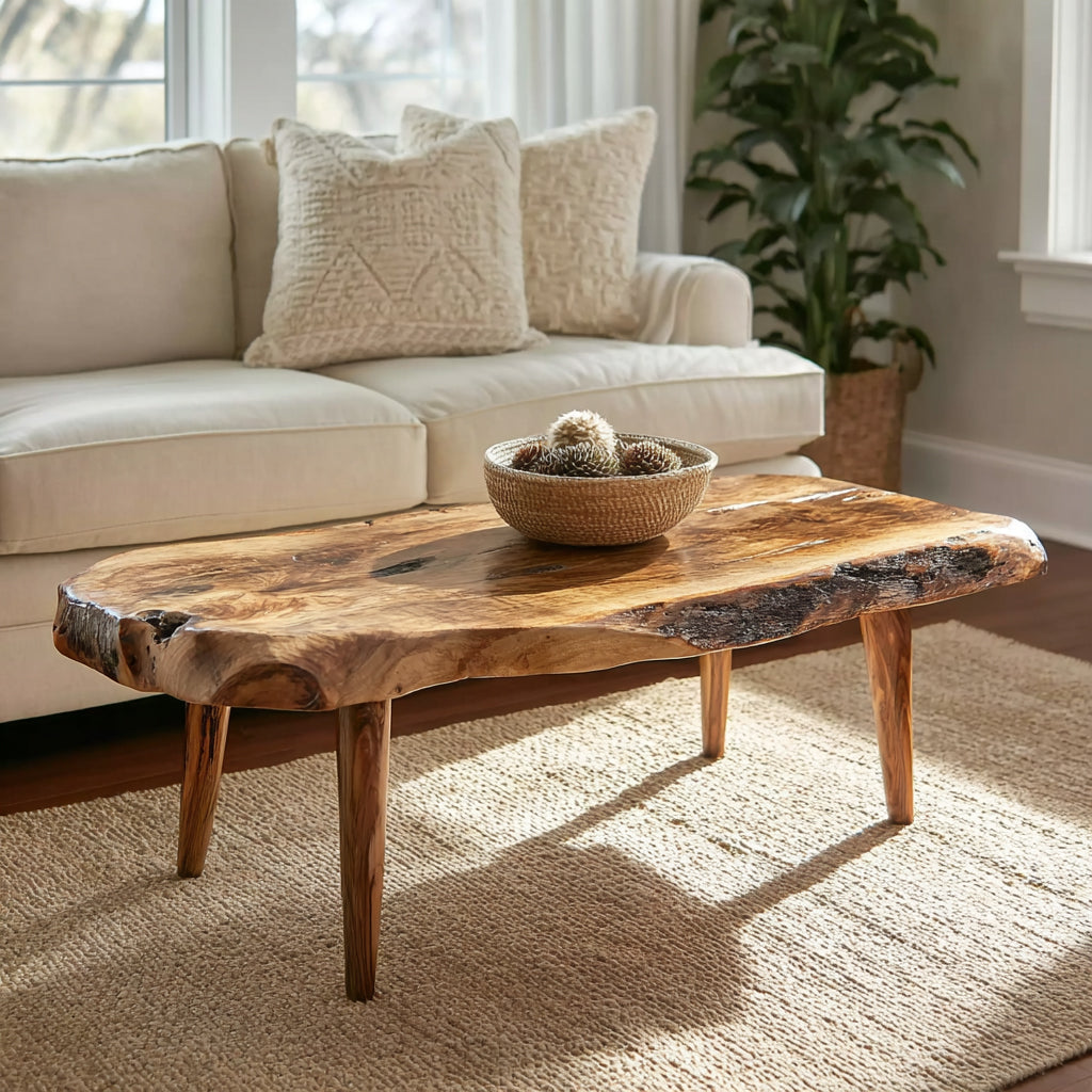 Handmade Live Edge Wood Coffee Table – Rustic Natural Solid Wood Table