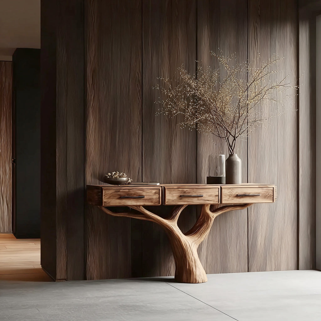 Handcrafted Natural Wood Console Table – Tree-Inspired Base for Luxury Entryway Décor