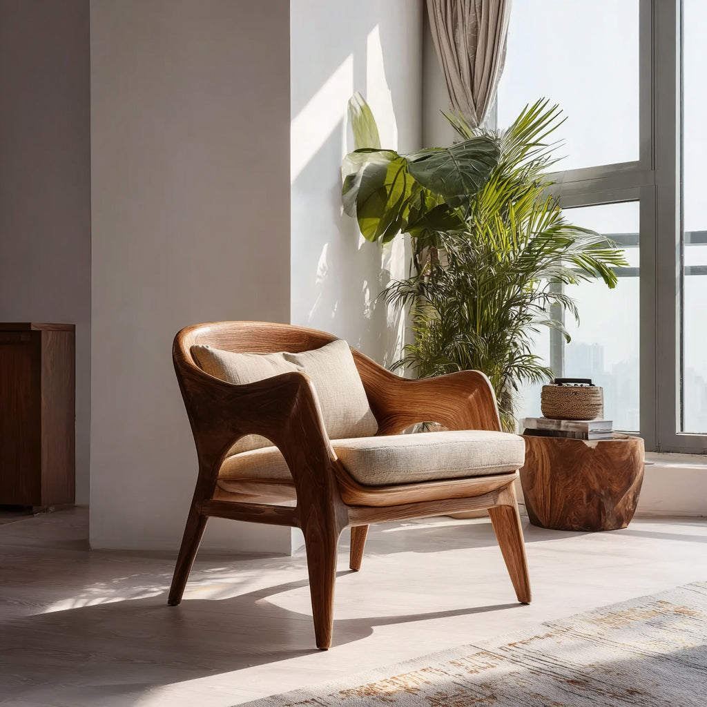Handcrafted Solid Wood Lounge Chair – Modern Organic Sculpted Armchair