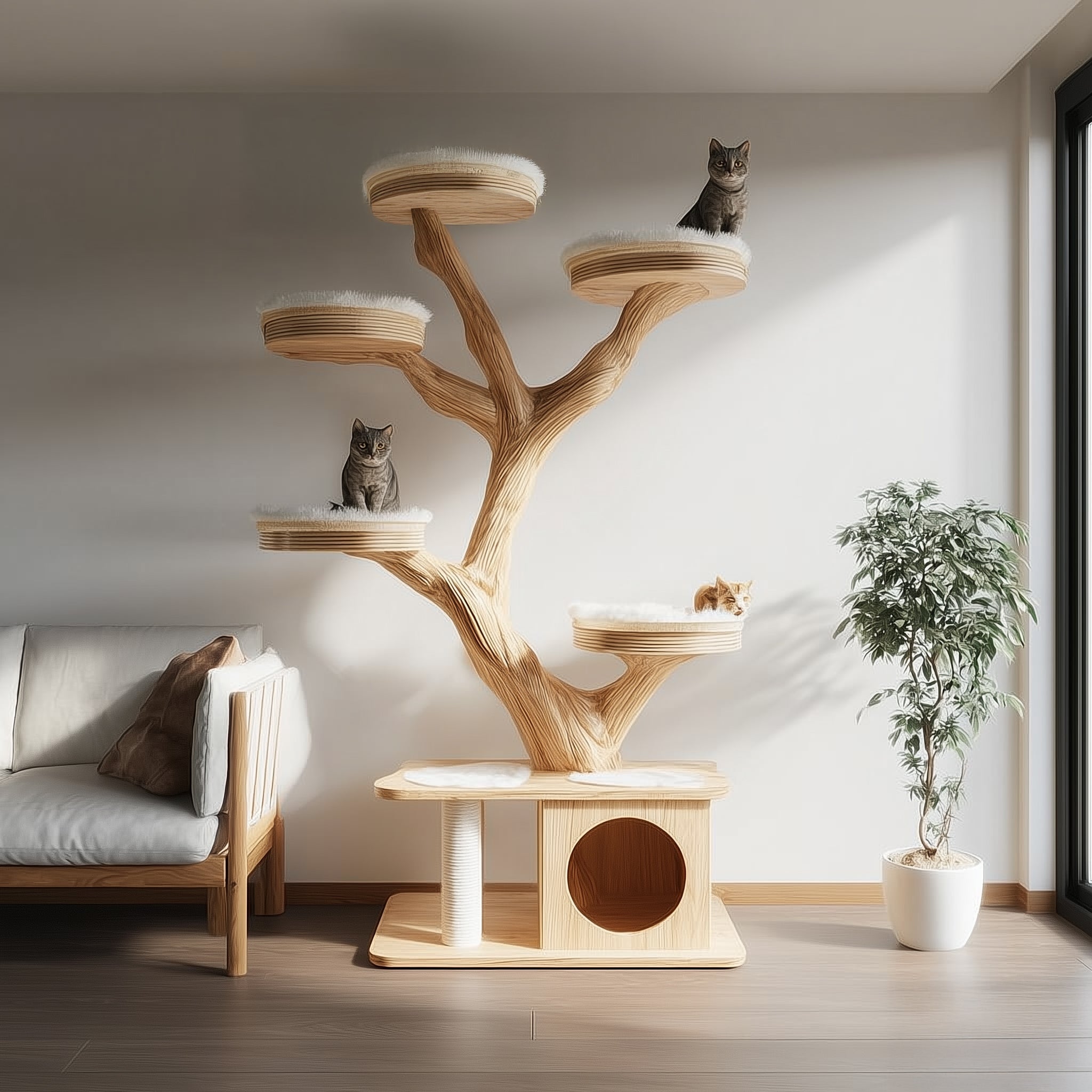 Rustic Wooden Cat Tree – Handmade Wall-Mount Climbing Tower Shelf, Unique Natural Cat Furniture