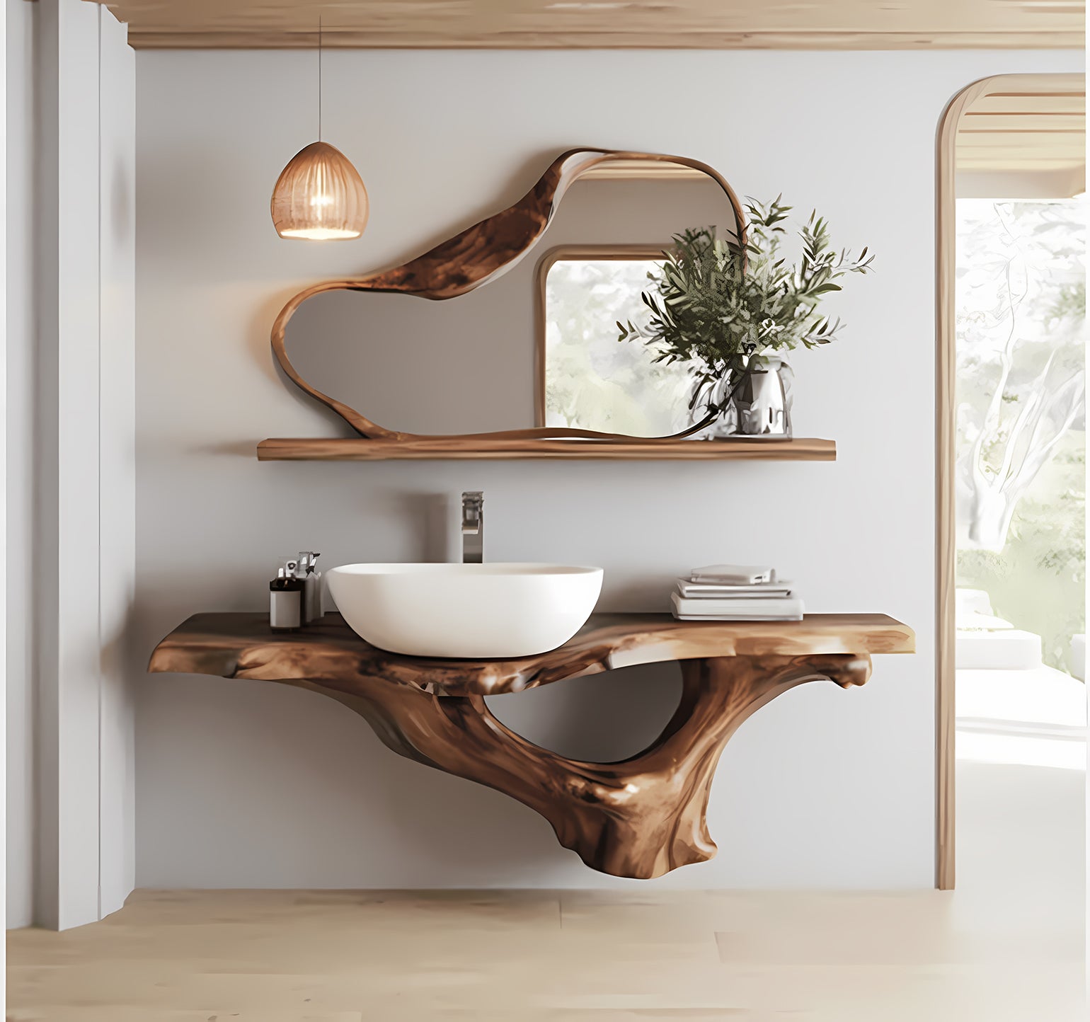 Solid Wood Floating Vanity – Walnut Live Edge Bathroom Sink Console