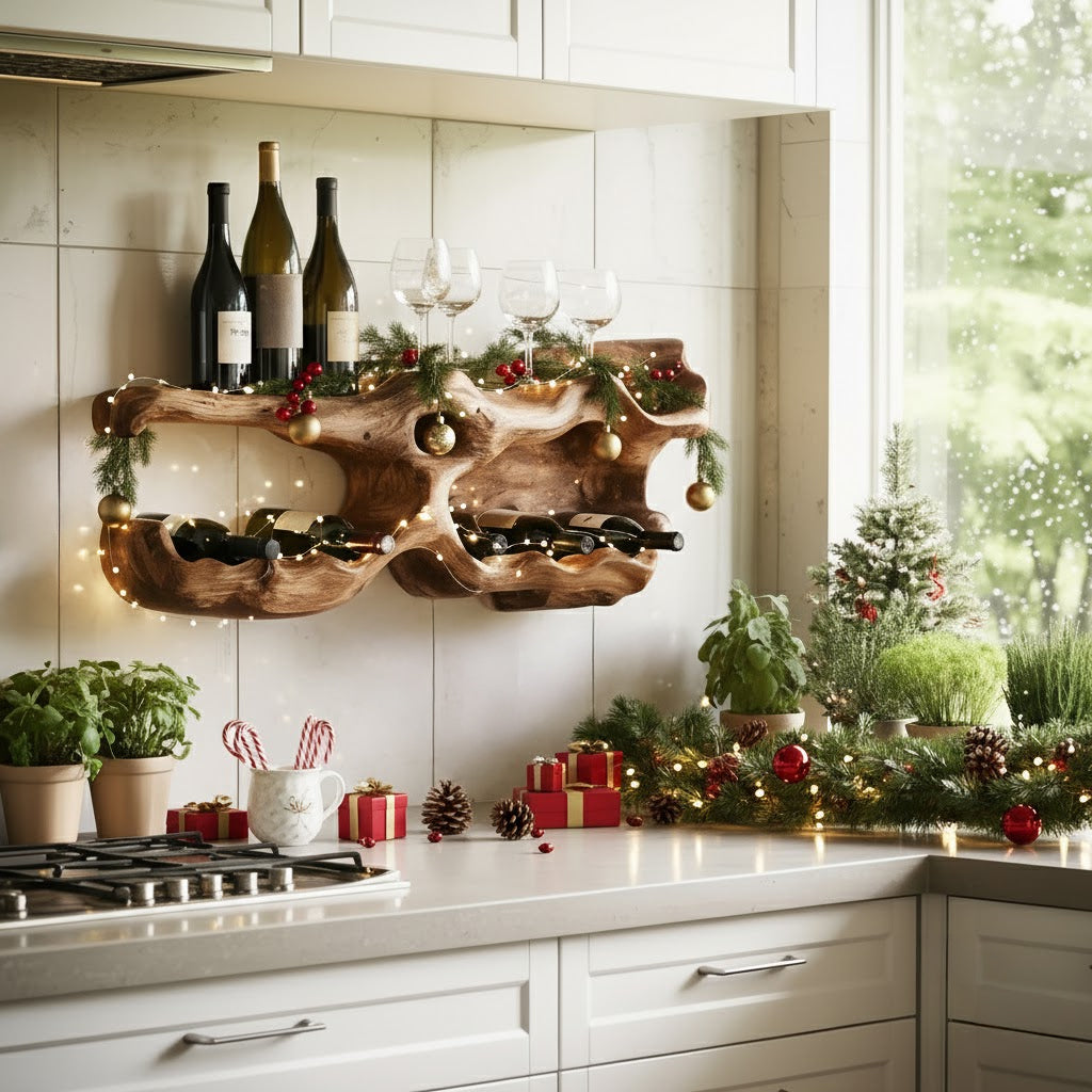 Porte-Bouteilles en Bois Fait Main – Étagère Murale Rustique Décoration de Noël