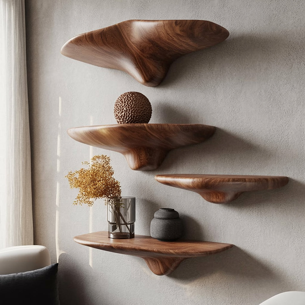 Organic Sculpted Wooden Floating Shelves – Handcrafted Modern Wall Art Storage Set