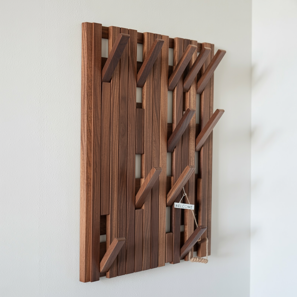 Walnut Piano Coat Rack Wall Mount – Rustic Wood Hooks & Key Holder