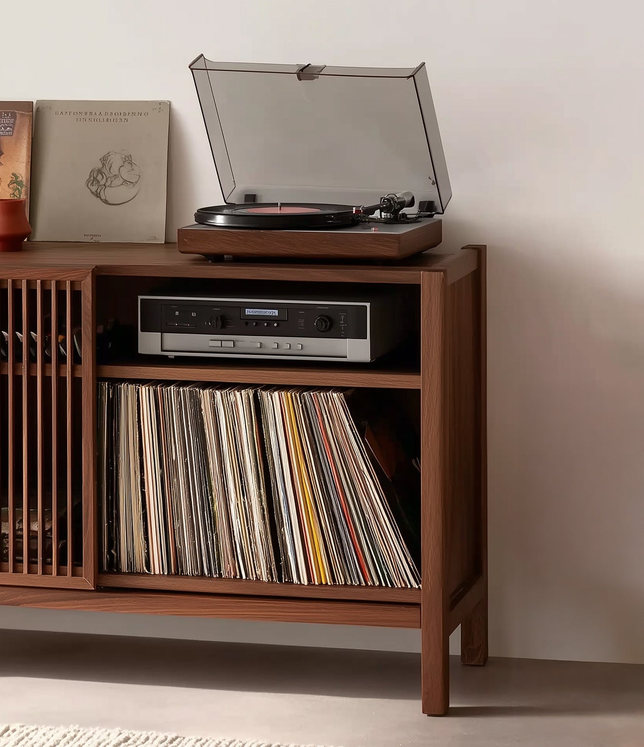 Meuble Platine Vinyle Artisanal en Bois Naturel – Station Tourne-Disque avec Rangement et Cubes à Vinyles Personnalisables