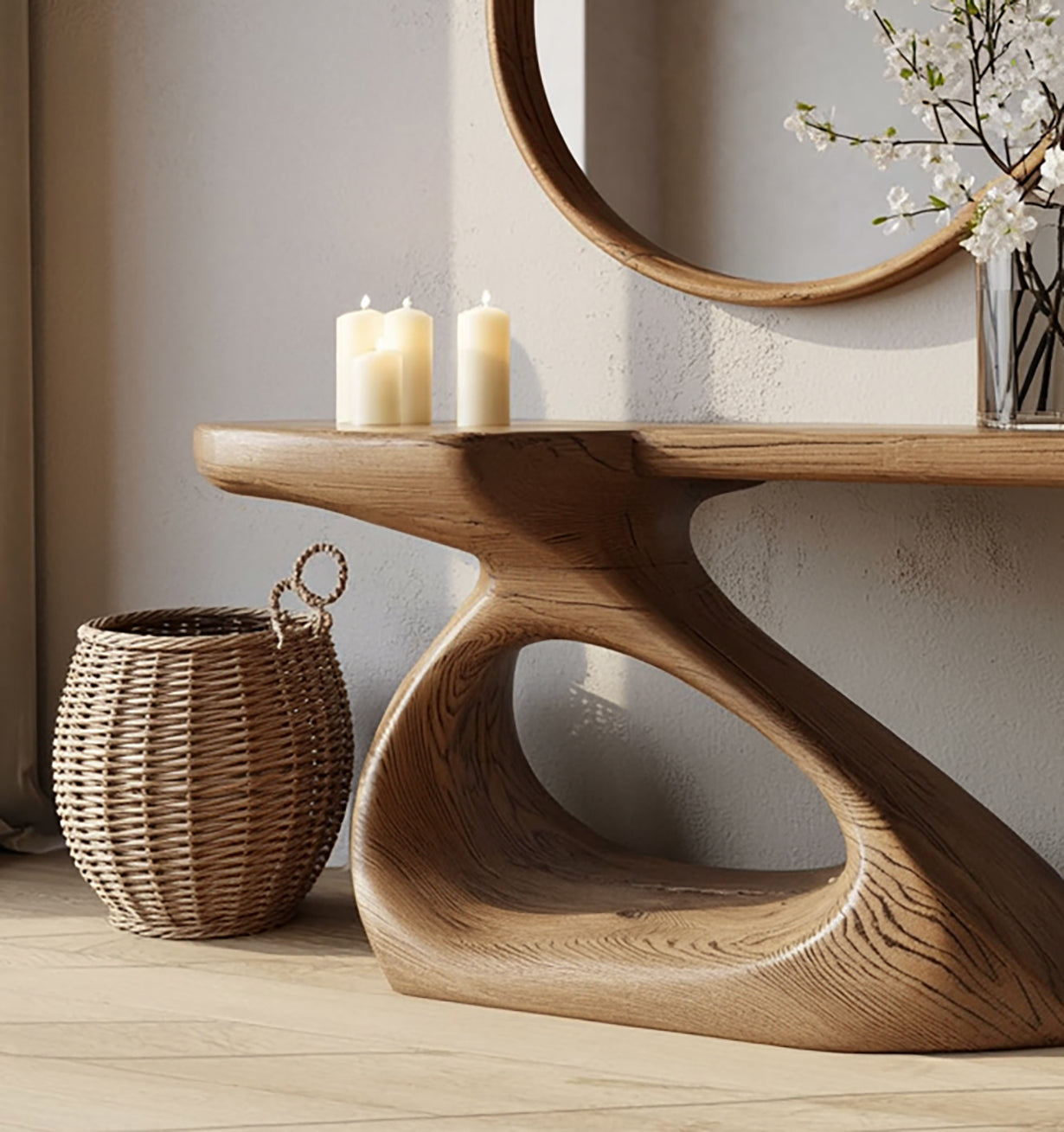 Console en Bois Massif Naturel – Table d’Entrée Sculpturale Fait Main