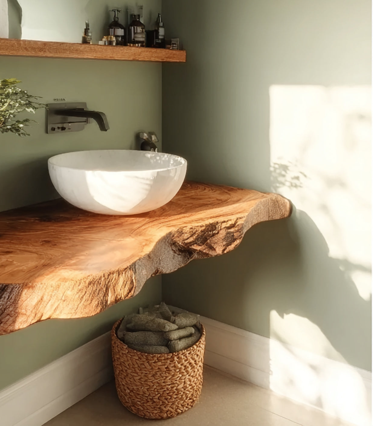 Plan Vasque en Bois Massif Live Edge – Étagère Lavabo Flottante Rustique