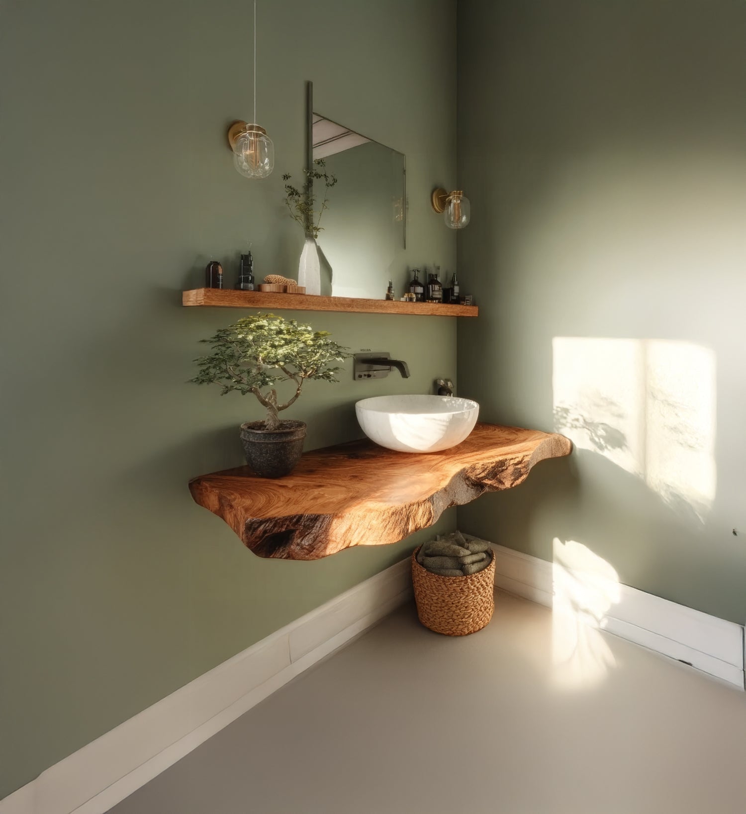 Plan Vasque en Bois Massif Live Edge – Étagère Lavabo Flottante Rustique