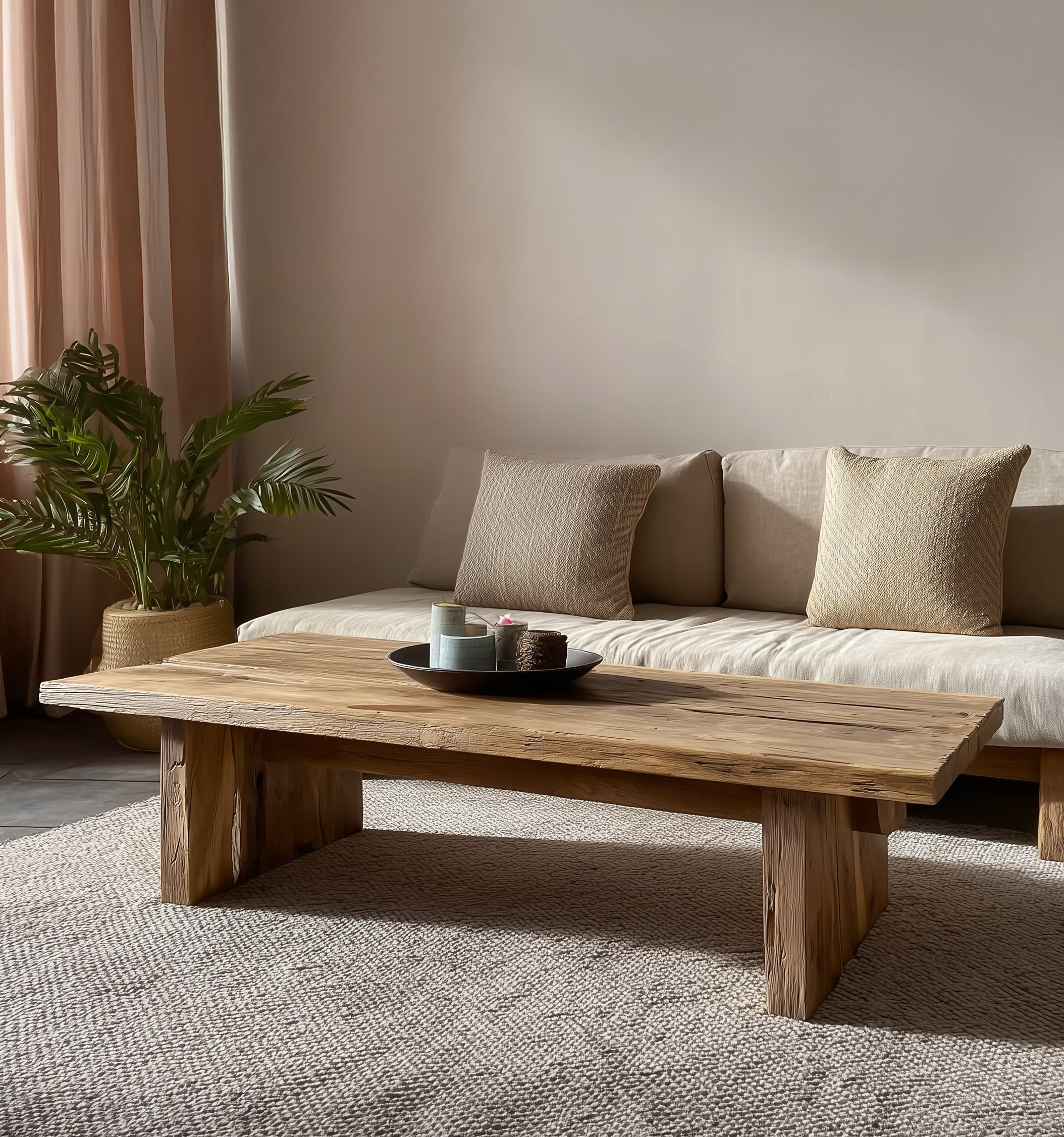Table Basse Rustique Artisanale en Bois Massif – Plateau à Bord Vif avec Piètement Chevalet, Style Farmhouse