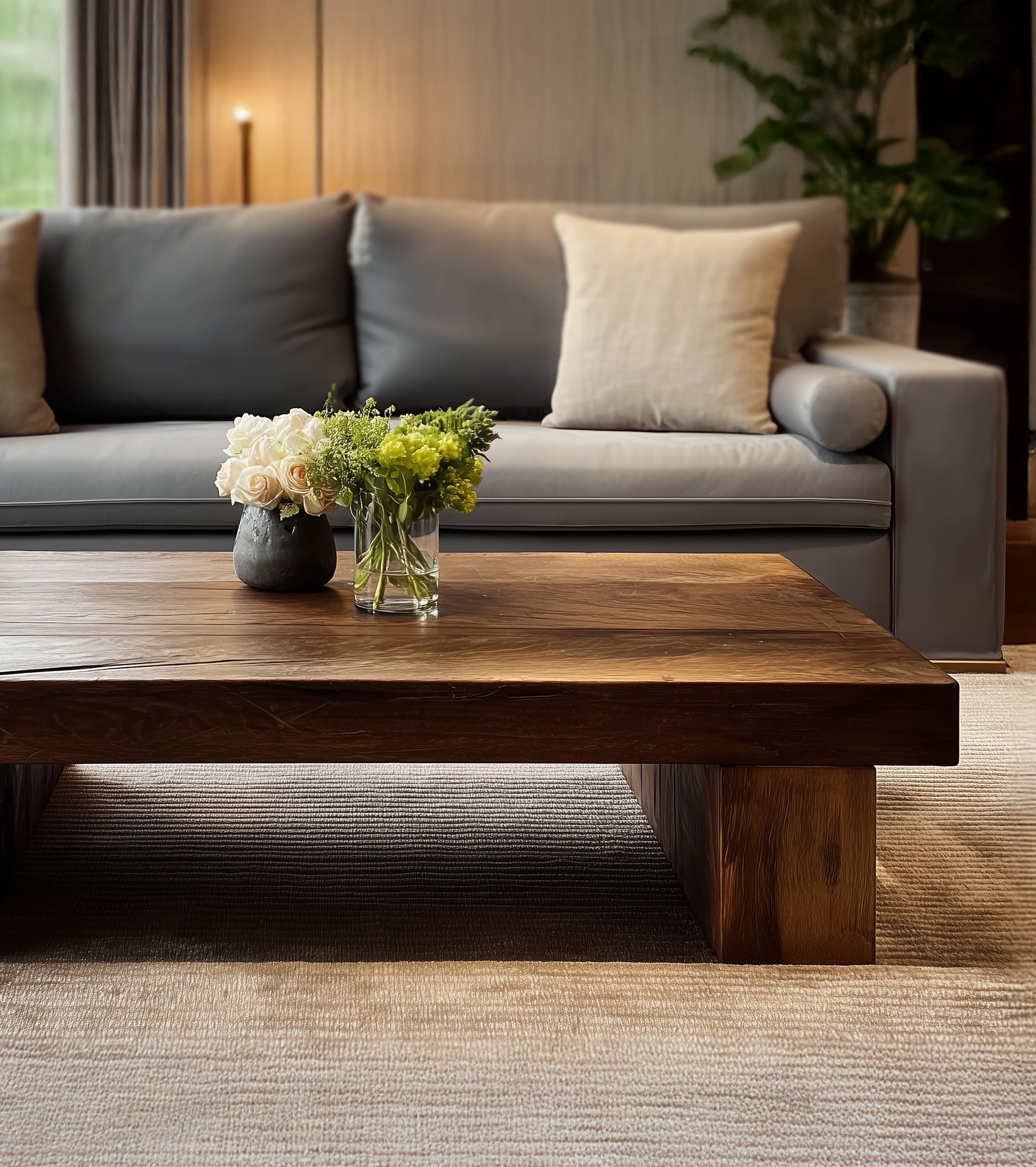 Table Basse Artisanale en Bois Massif Rustique – Plateau à Bord Vif avec Piètement Chevalet, Meuble Farmhouse