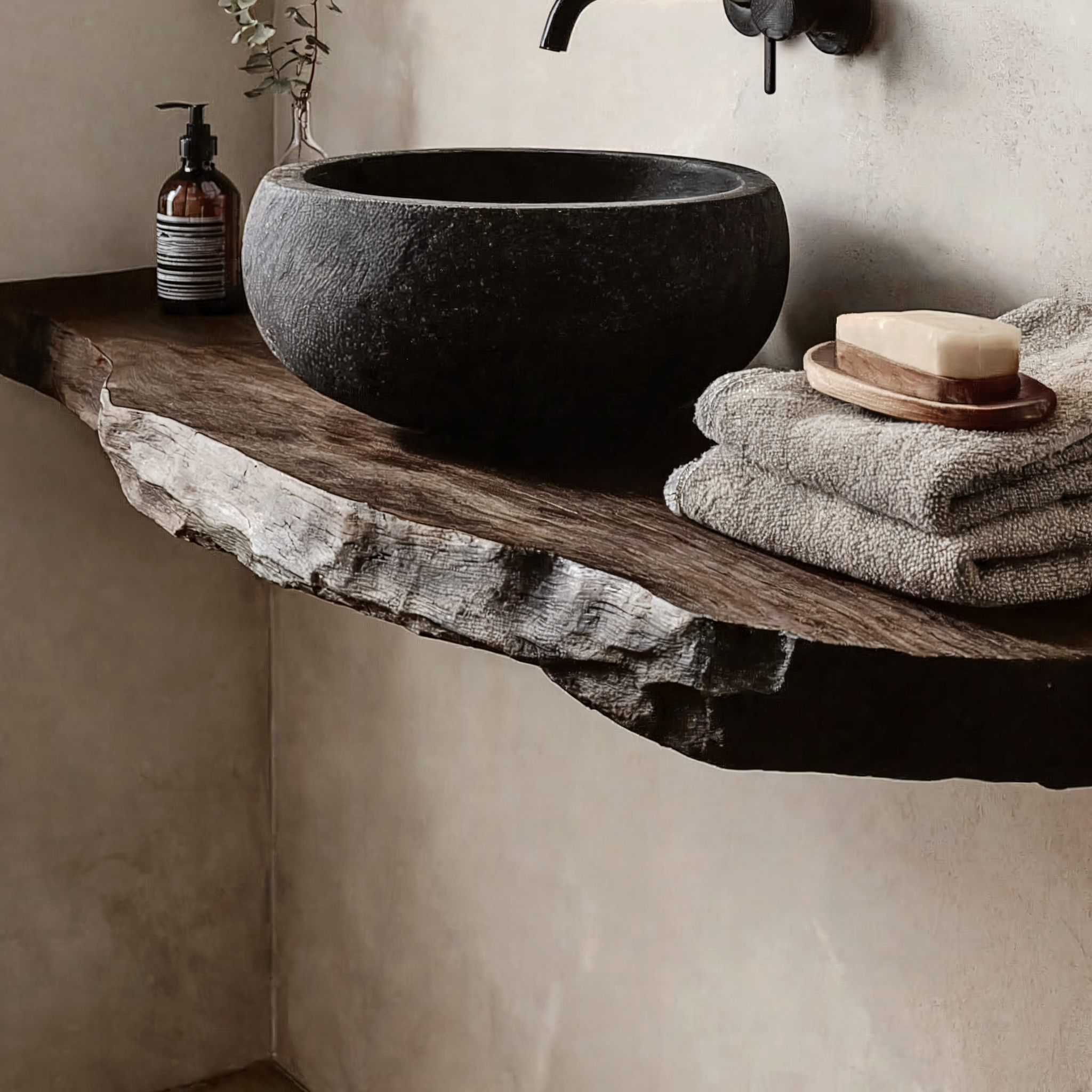 Rustic Corner Vanity Shelf – Handmade Live Edge Bathroom Shelf with Wall Mounted Brackets