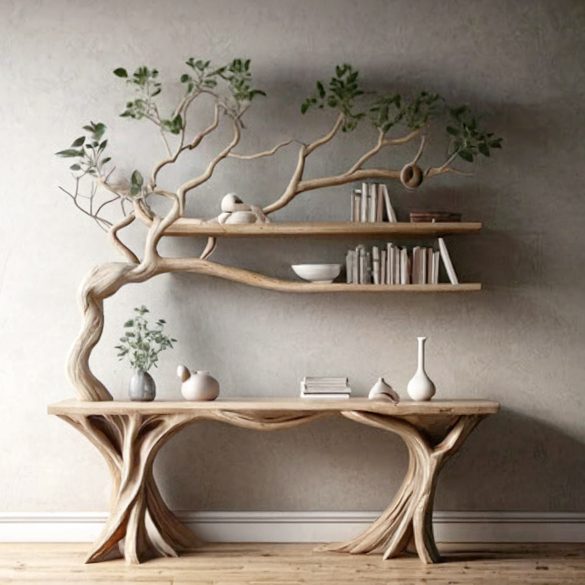 Handmade Rustic Console Table with Tree Branch Bookshelf – Live Edge Farmhouse Entryway Table, Natural Wood