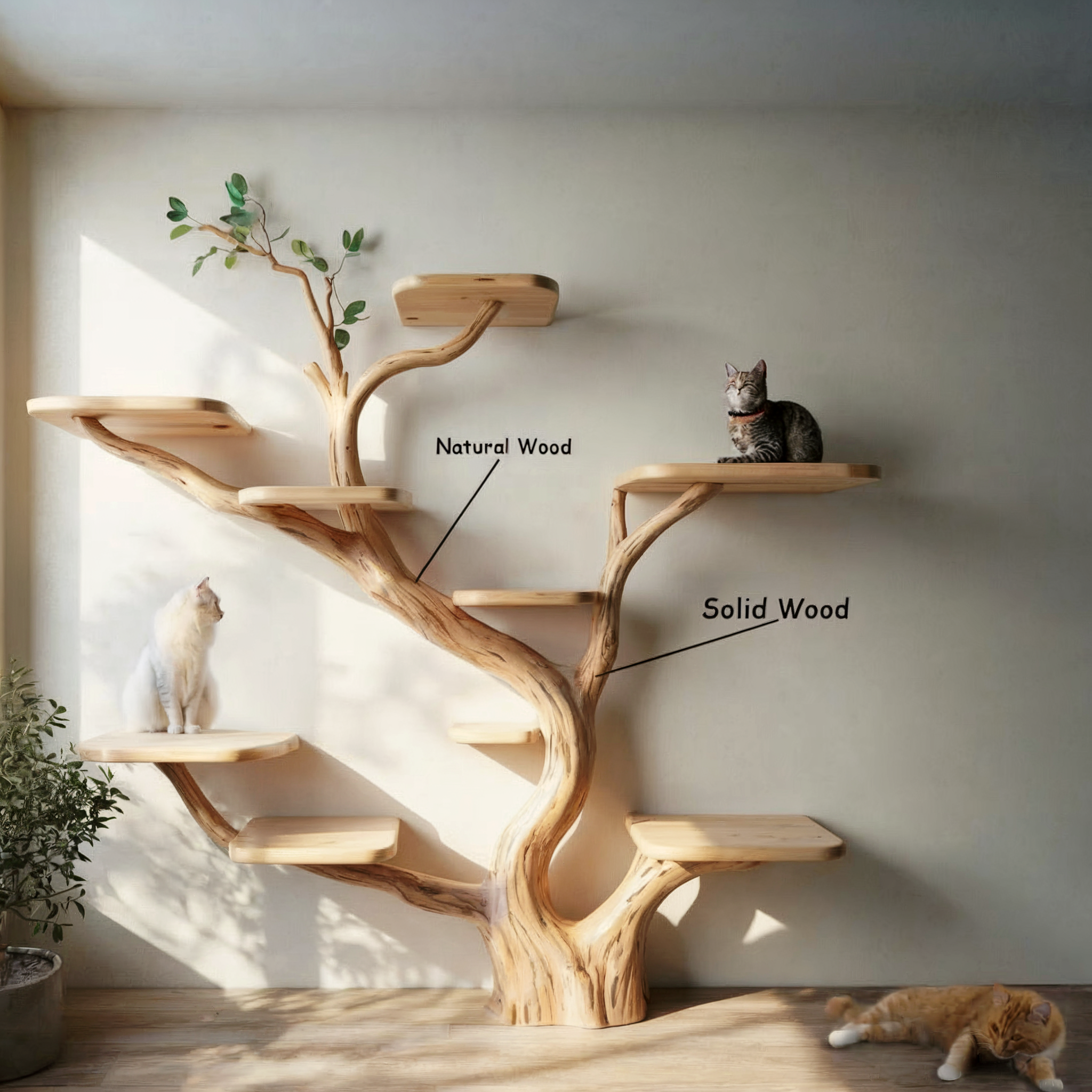 Rustic Solid Wood Cat Tree – Handmade Natural Cat Tower, Bed & Play Stand