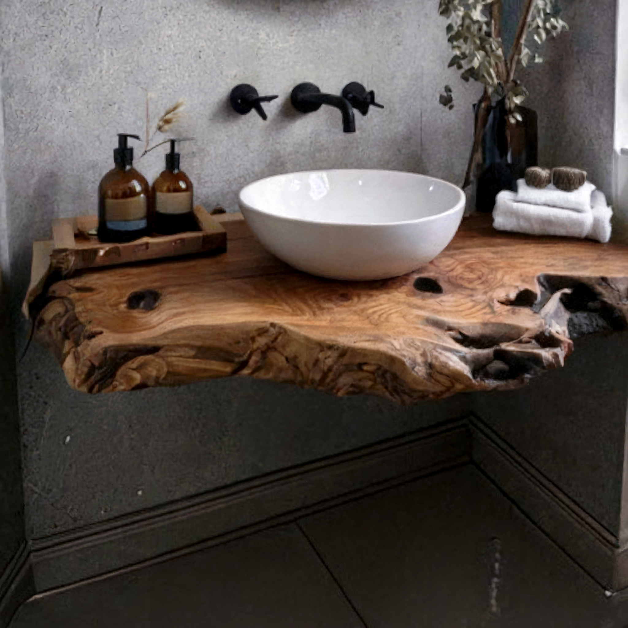 Handcrafted Rustic Floating Bathroom Vanity – Custom Live Edge Shelf with Natural Sink Unit, Solid Wood Bathroom Decor