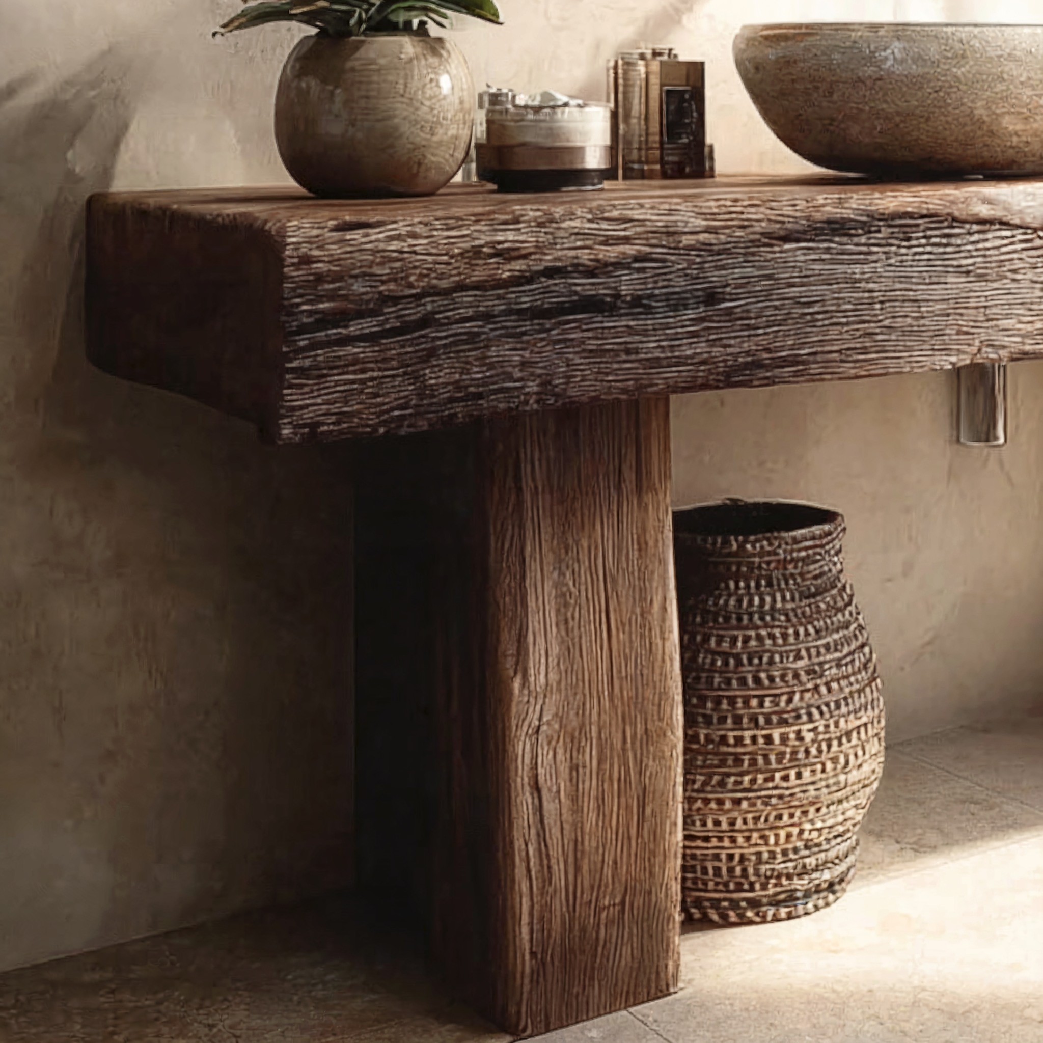 Rustic Wooden Bathroom Vanity – Custom Handmade Farmhouse Sink Shelf with Live Edge Wood Cabinet