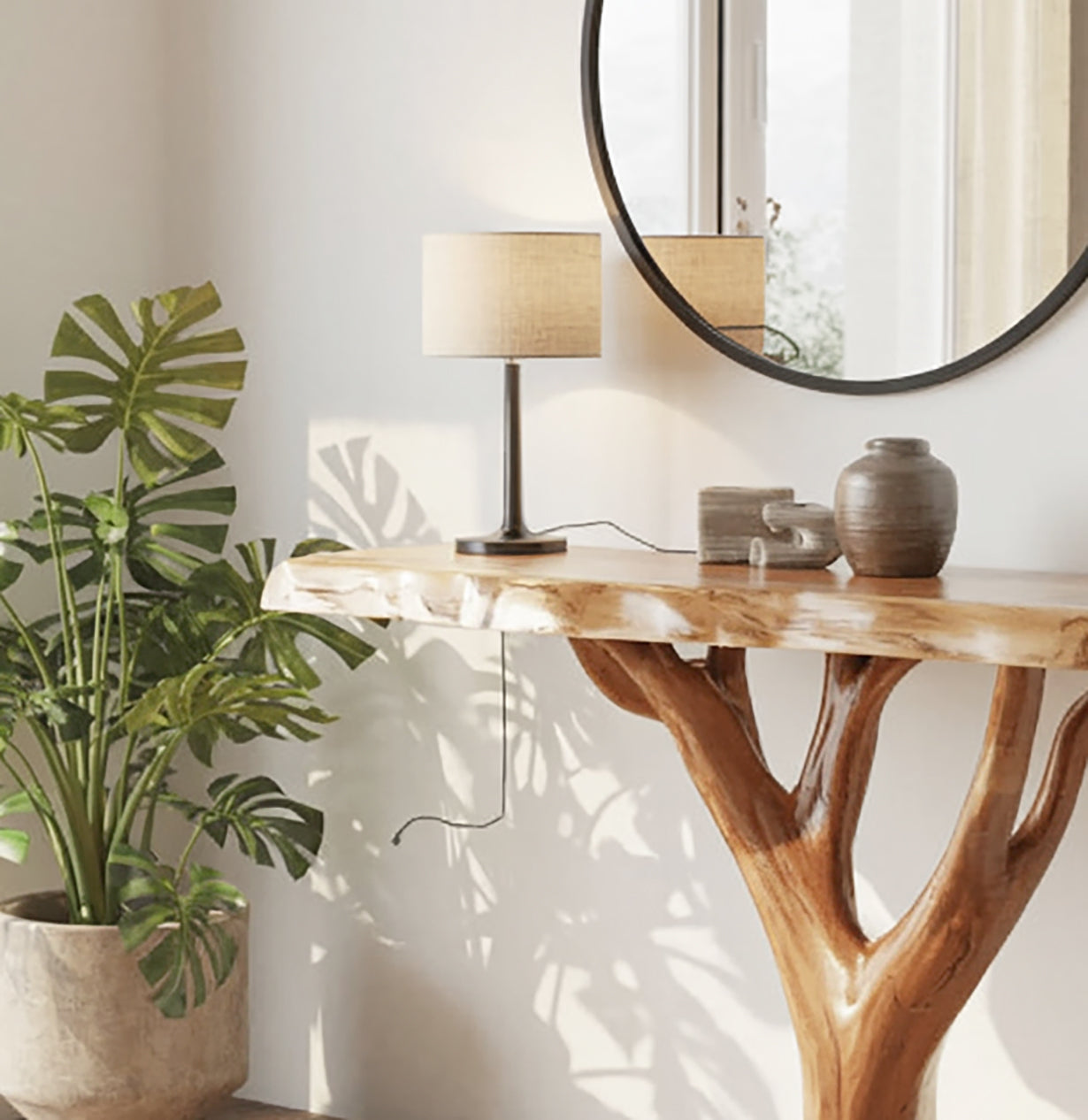 Handcrafted Solid Wood Live Edge Console Table with Natural Tree Base – Rustic Modern Accent