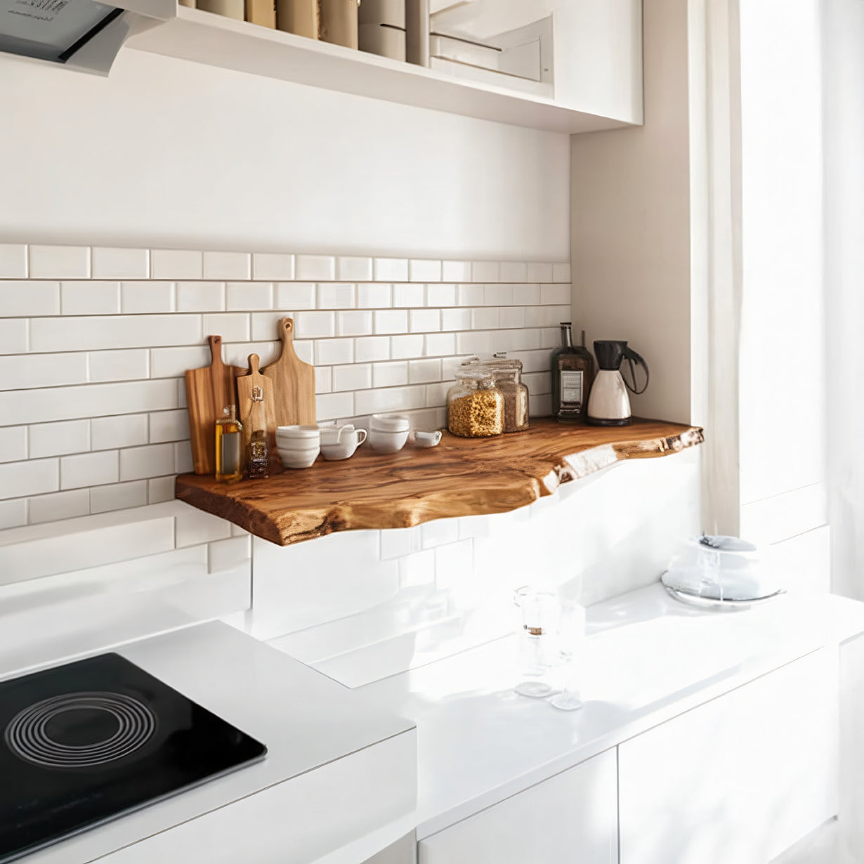 Live Edge Walnut Floating Kitchen Shelf – Solid Wood Wall-Mounted Storage