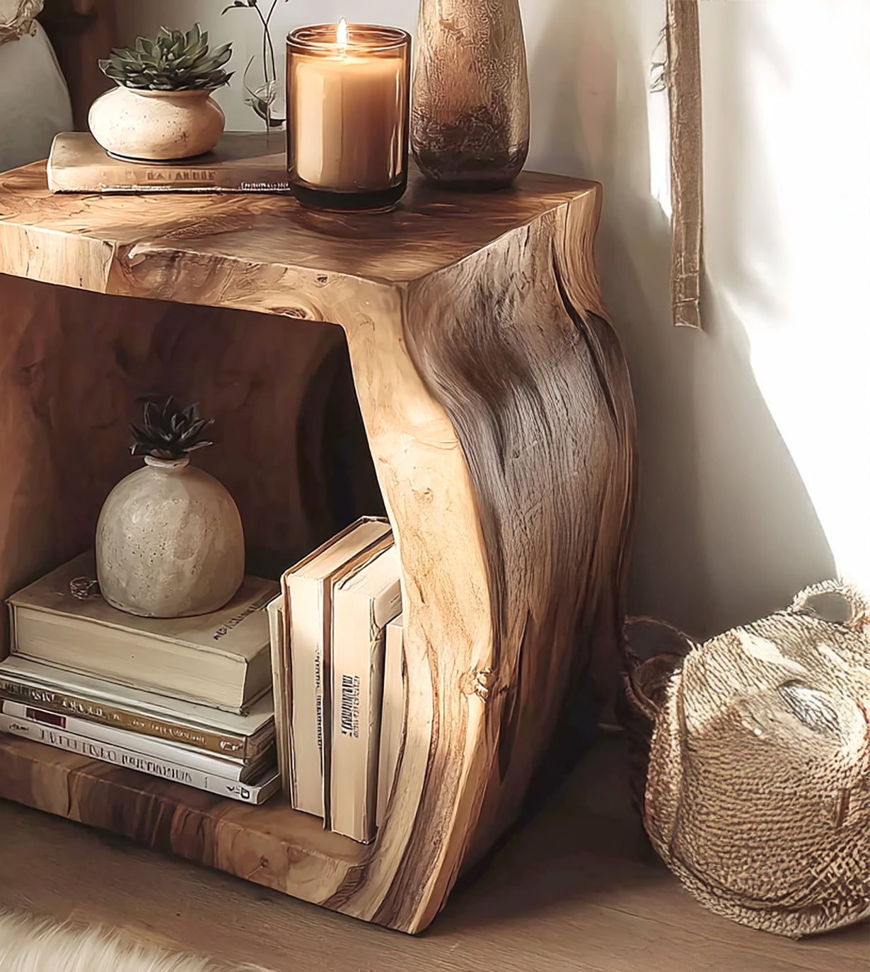 Live Edge Wooden Nightstand – Handmade Solid Wood Bedside Table with Shelf