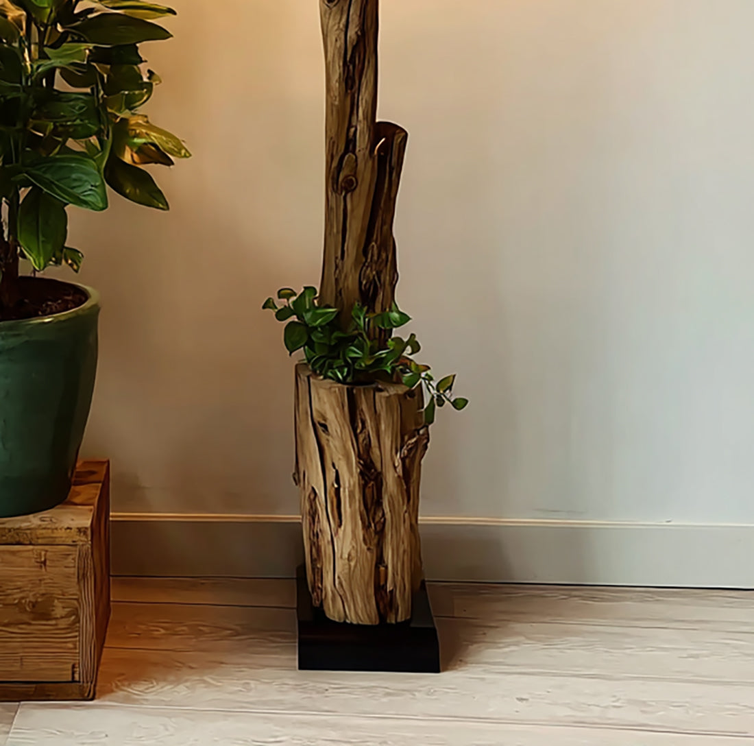 Rustic Driftwood Standing Tree Lamp – Handmade Wooden Floor Light with Rattan Lampshade
