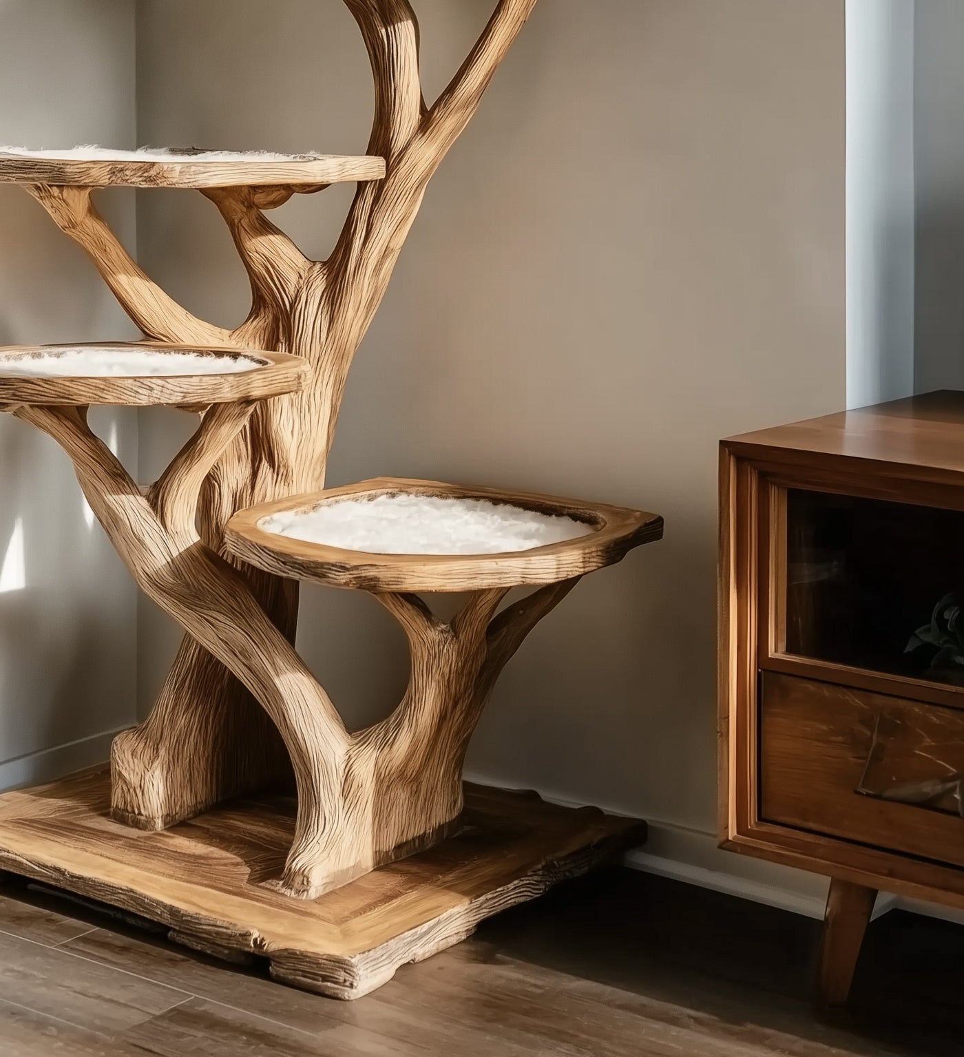 Natural Wood Cat Tree Tower – Modern Handmade Large Cat Tree House with Shelves