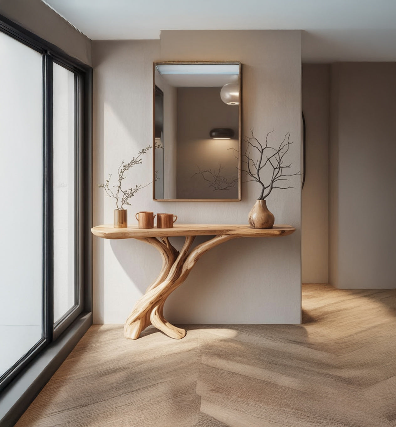 Rustic Driftwood-Style Entryway Console Table – Solid Wood Sculptural Base