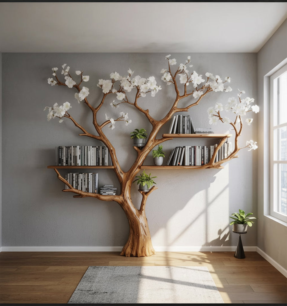 Blooming Tree Bookshelf – Handmade Wooden Wall Branch Shelf with White Flowers