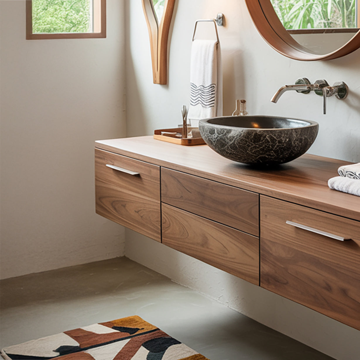 Modern Floating Walnut Bathroom Vanity with Stone Vessel Sink