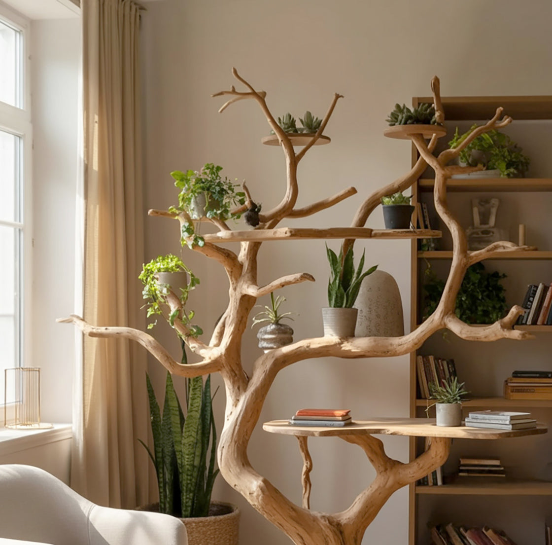 Handcrafted Tree Desk Bookshelf – Natural Wood Branch Furniture for Home Decor