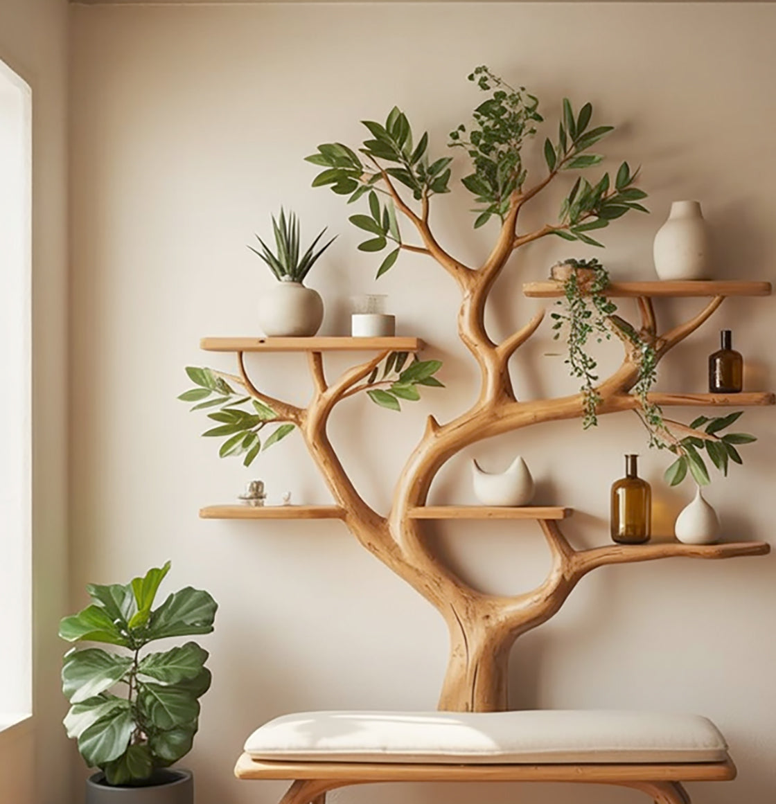Tree Bookshelf with Bench – Handmade Wooden Branch Shelf for Home Decor