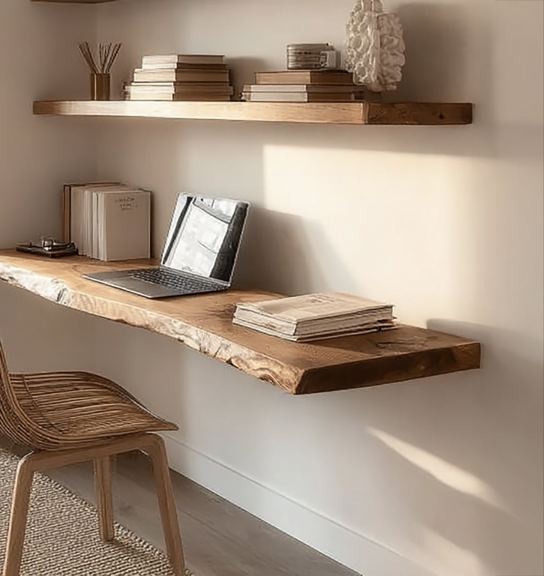 Handmade Live Edge Floating Desk – Rustic Wall Shelf Office Setup