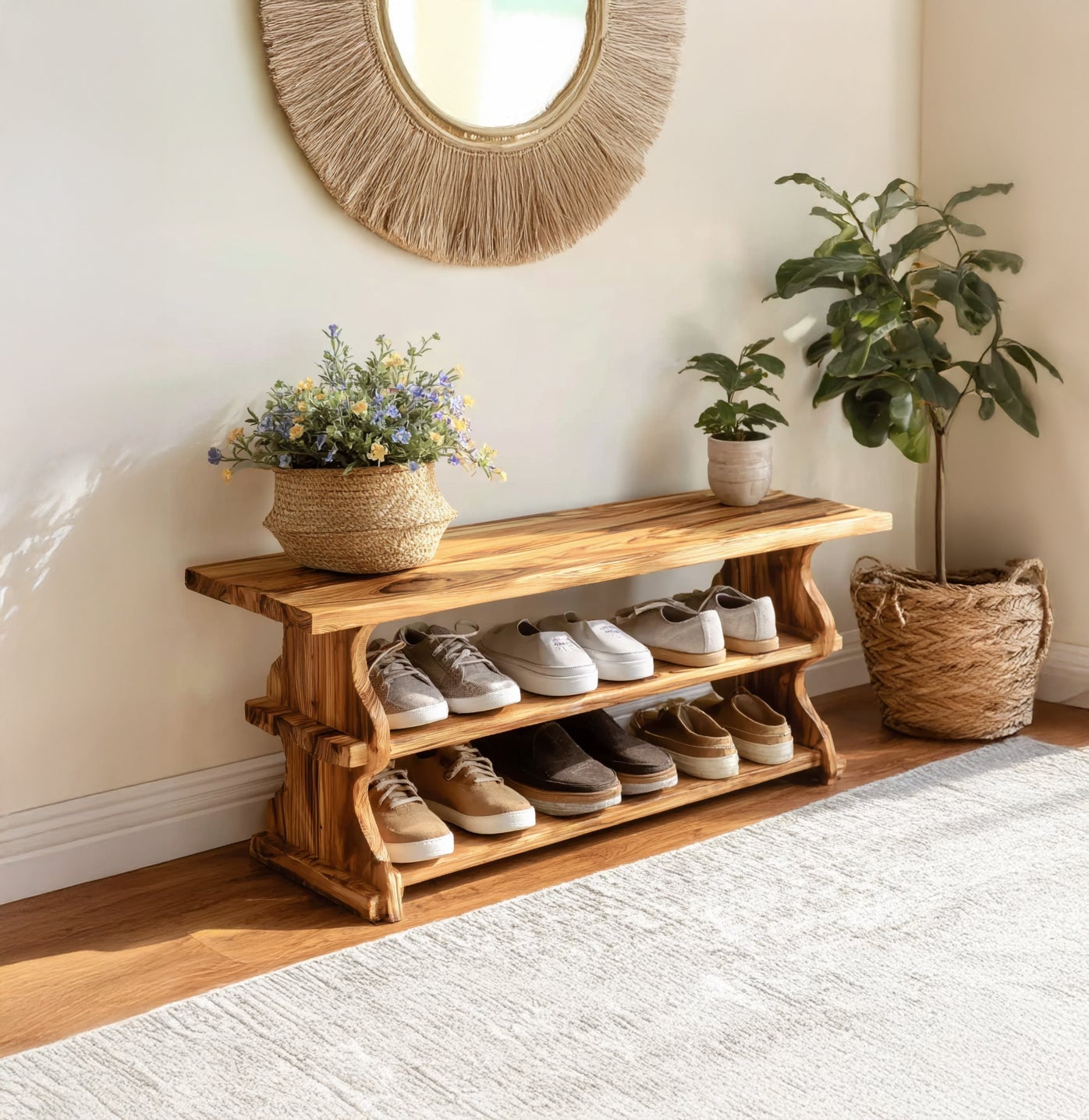 Handcrafted Solid Wood Shoe Bench – Rustic Entryway Shoe Rack with Natural Grain Shelves